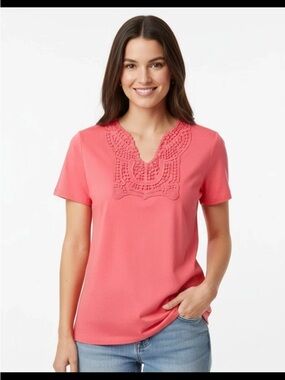 Coral Back in the Saddle Short-Sleeve Cotton Tee with Crochet Yoke